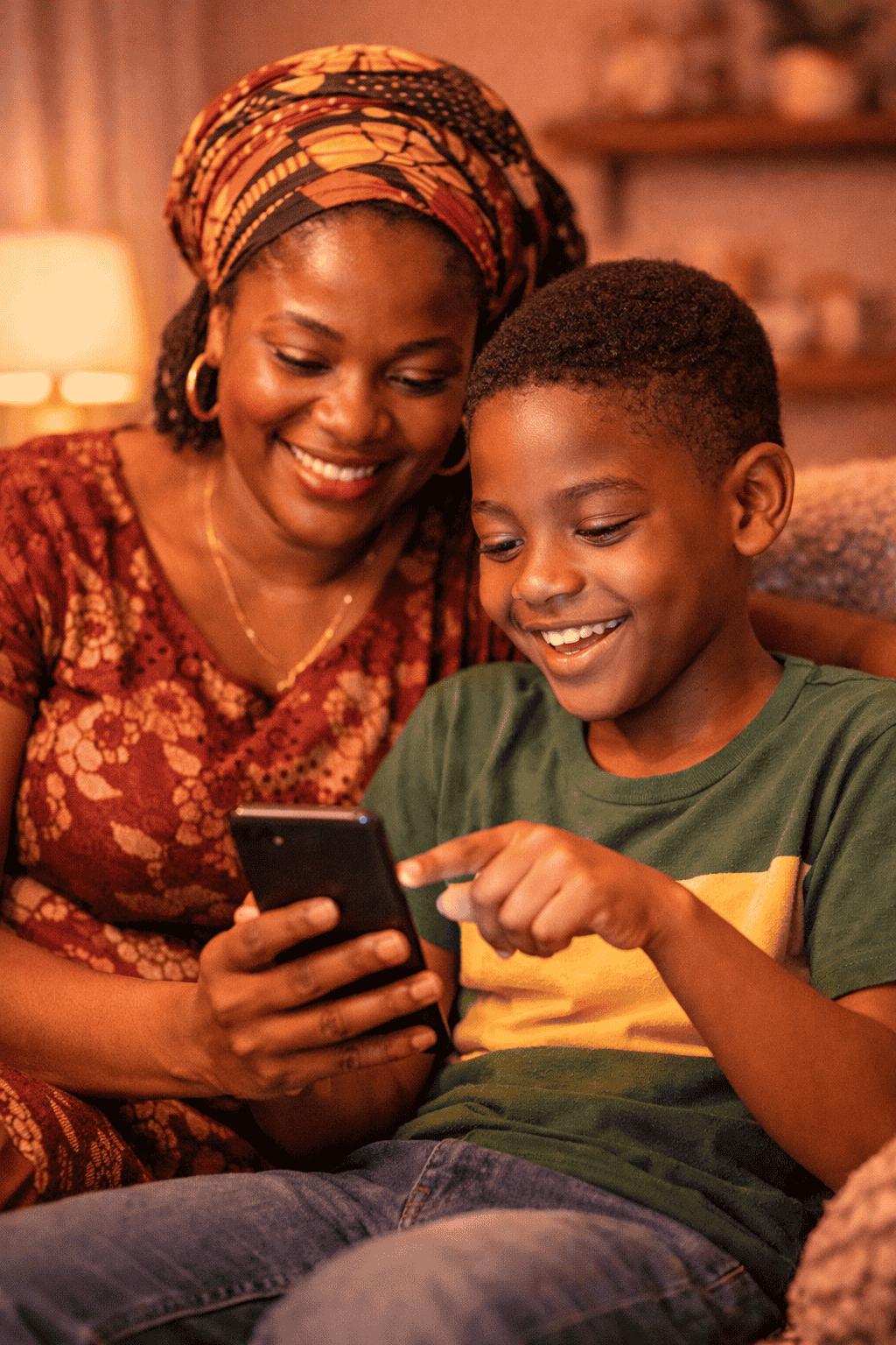 Une maman africaine aide son fils avec Déblo sur téléphone